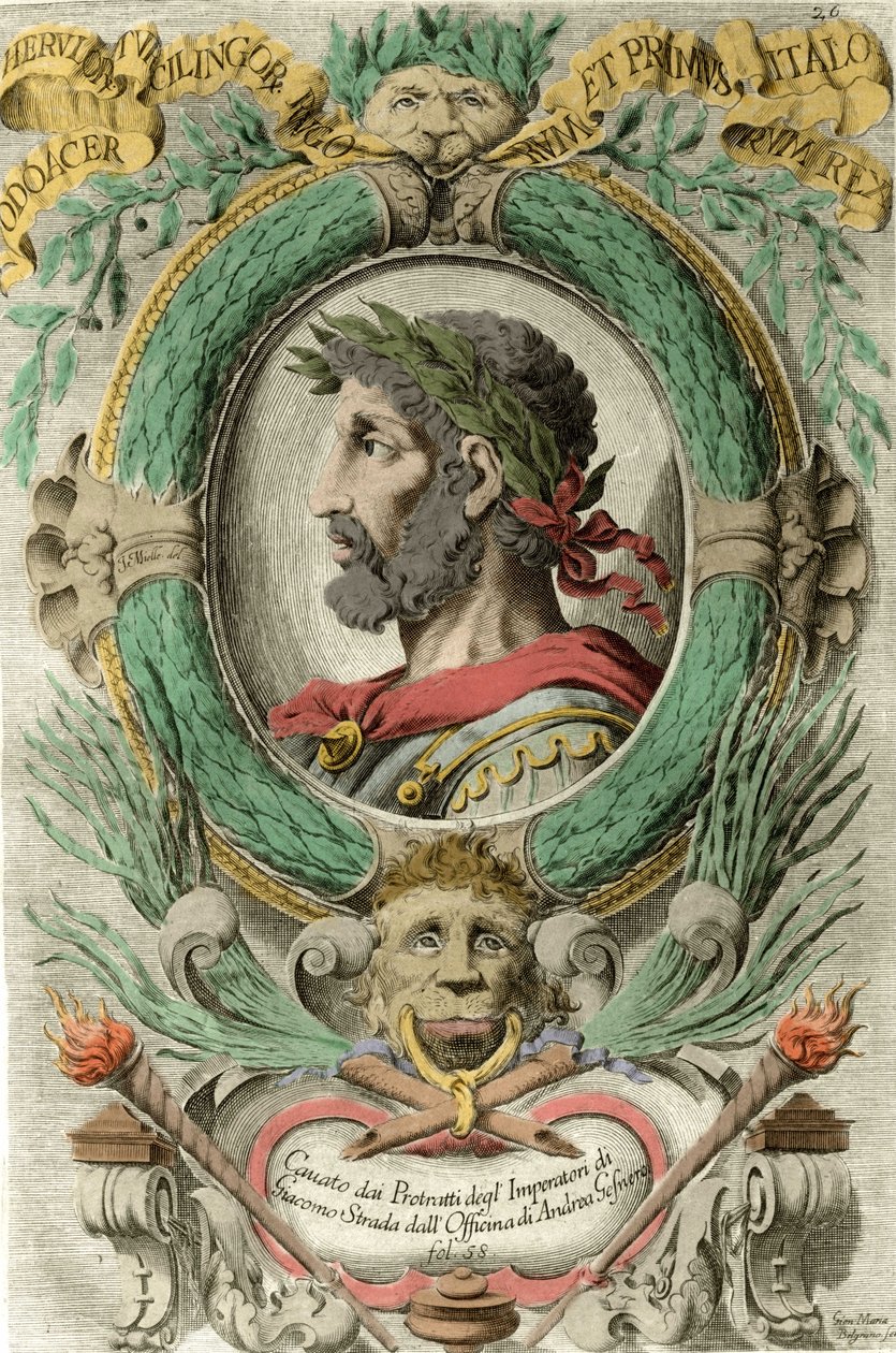 Portrett av Odoacre (Odovacar), leder for Herules alliert med hunerne og minister i Attila (435-493). Gravering fra 1700-tallet. av Unknown artist