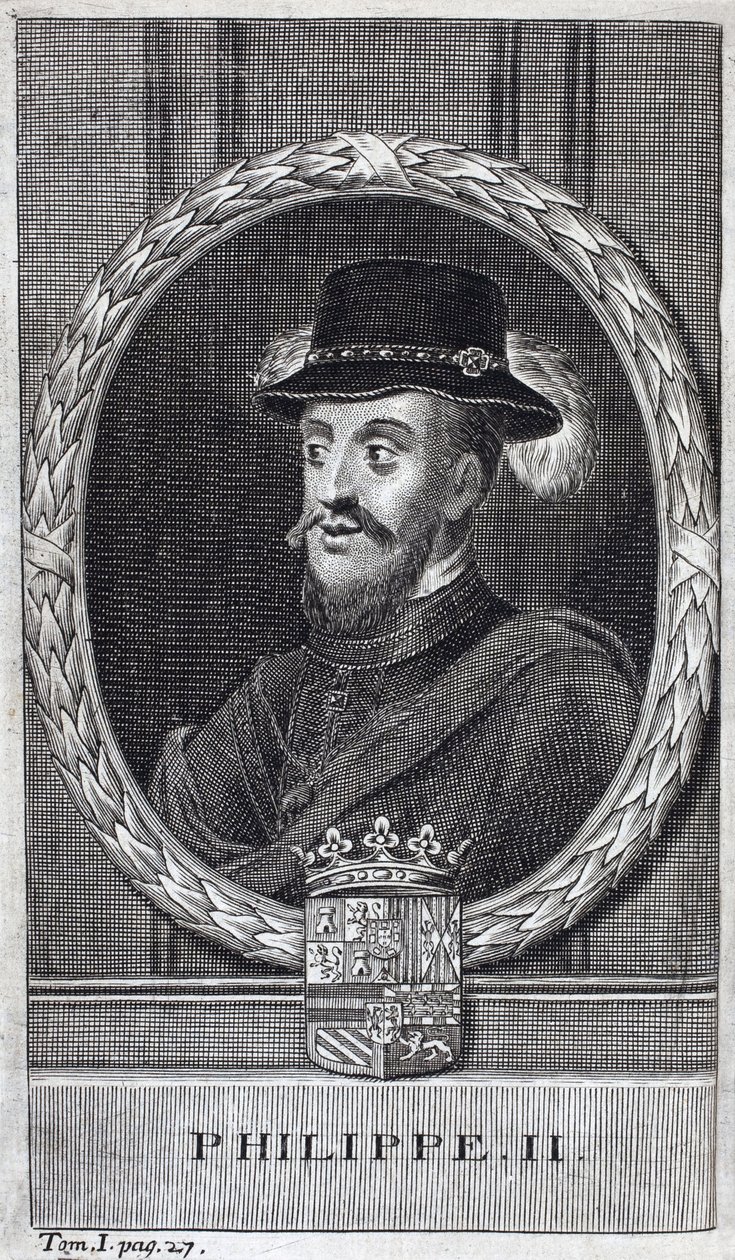 Portrett av Filip II av Spania (Felipe) (1527-1598), konge av Spania og Portugal. Gravering for å illustrere "History of the War of Flanders", av Flamianus Strada, utgave Joseph T