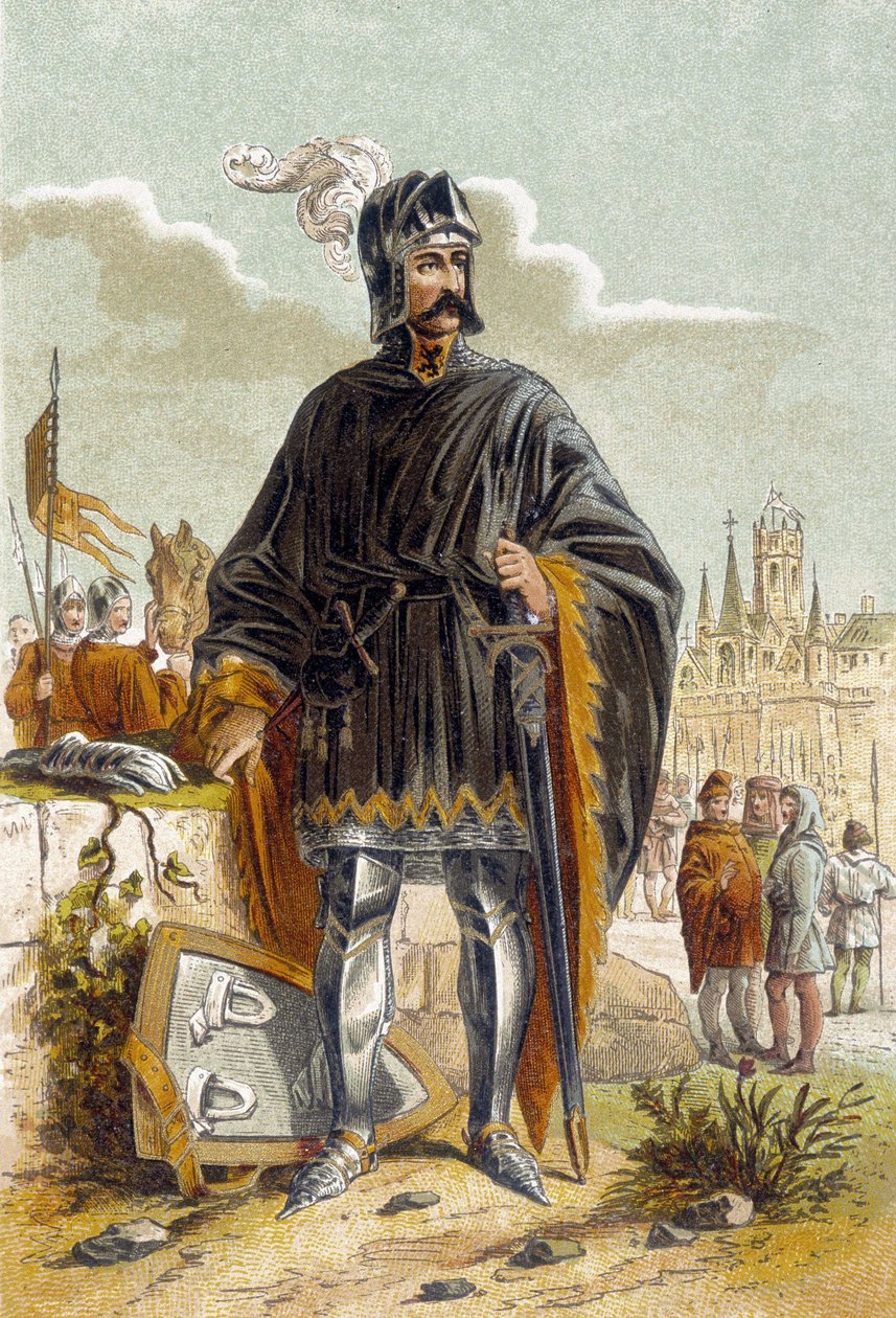 Portrett av Philip van Artevelde (1340-1382), flamsk politiker og leder av opprøret til veverne i Gent mot grev Louis II av Flandern kjent som Louis de Male eller Maele (1381). Han ble beseiret og drept i slaget ved Rozebeke (1382). Chromo av Unknown artist