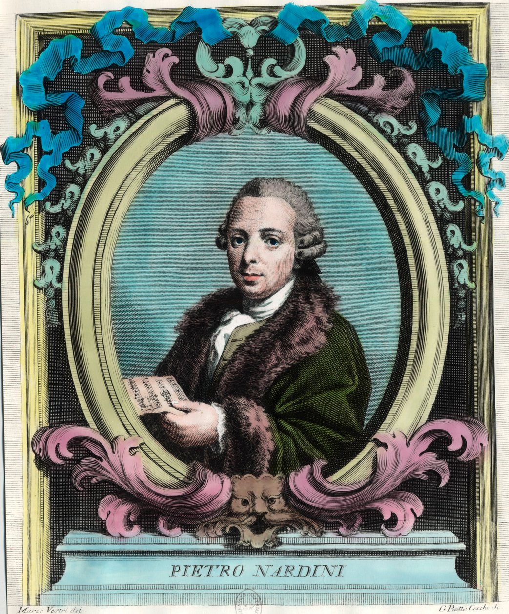 Portrett av Pietro Nardini (1722 - 1793), italiensk fiolinist og komponist. Gravering fra 1700-tallet. Privat samling. av Unknown artist