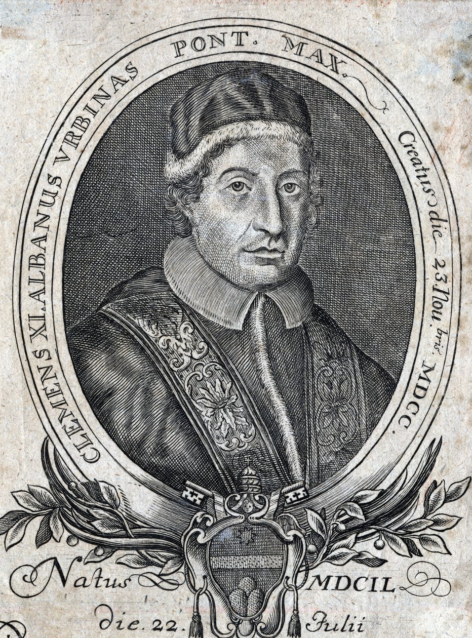 Portrett av pave Clement XI (Gianfrancesco Albani) (1649 - 1721), 241. pave. 1700-talls gravering av Unknown artist