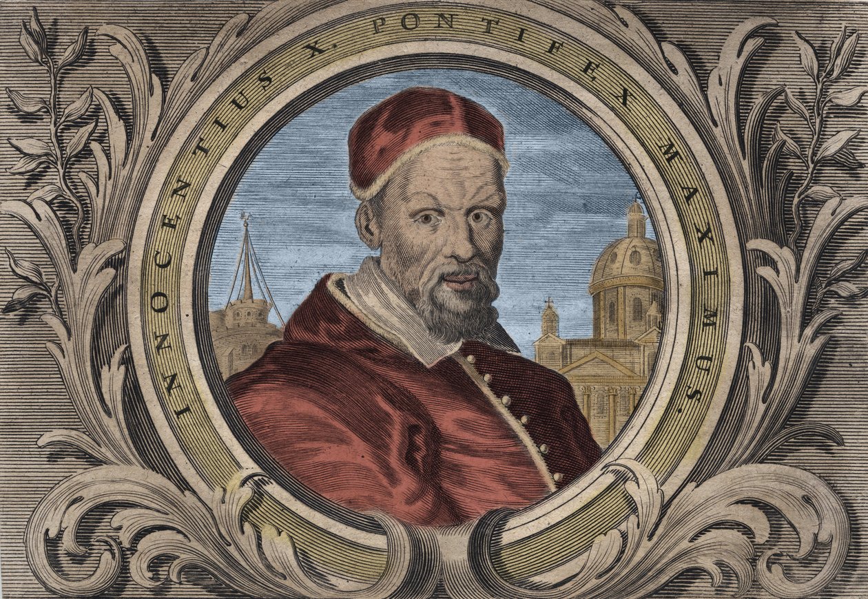 Portrett av pave Innocentius X (Innocenzo, Innocentius eller Giovanni Battista Pamphili) (1644-1655). gravering av Unknown artist