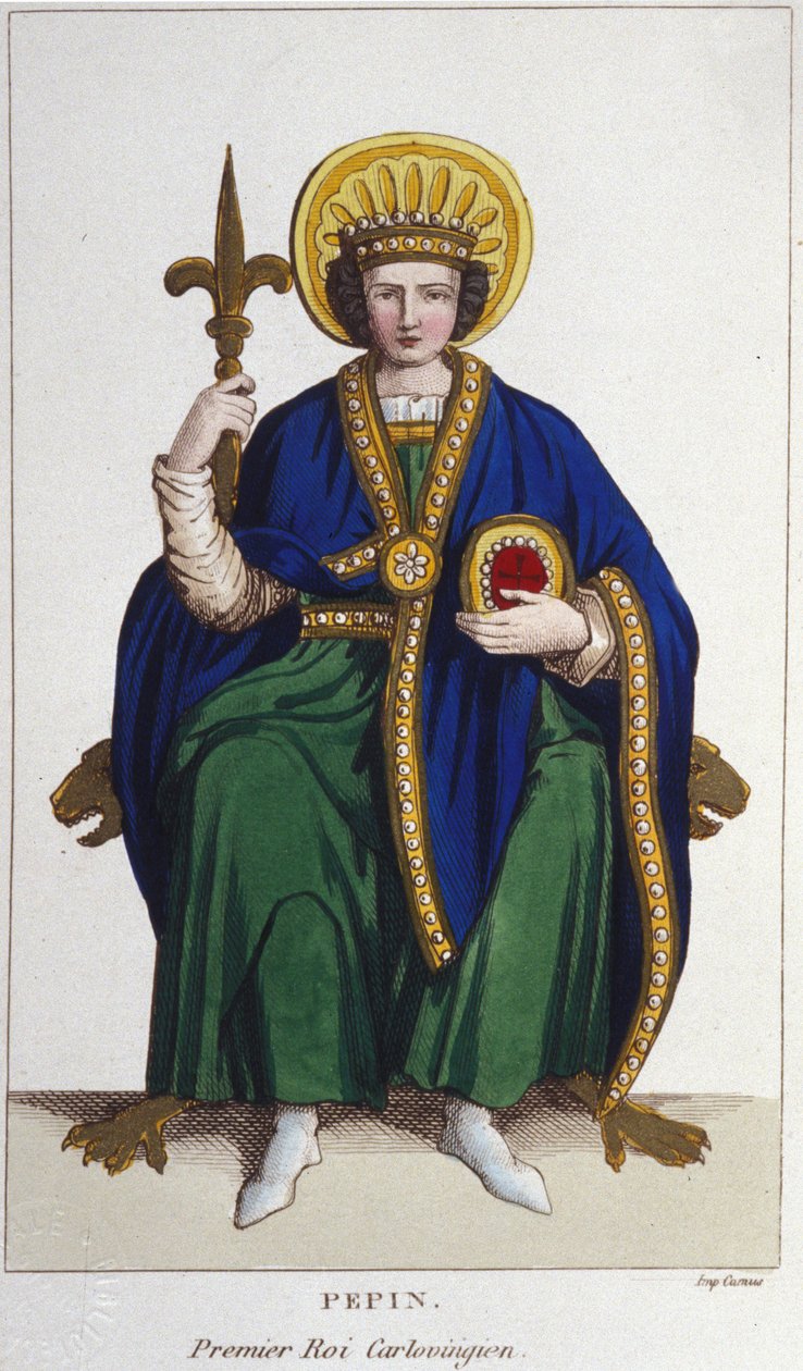 Portrett av Pépin le Brief (v. 714 - 768), kongen av frankene, første karolinergravering fra 1830 av Unknown artist