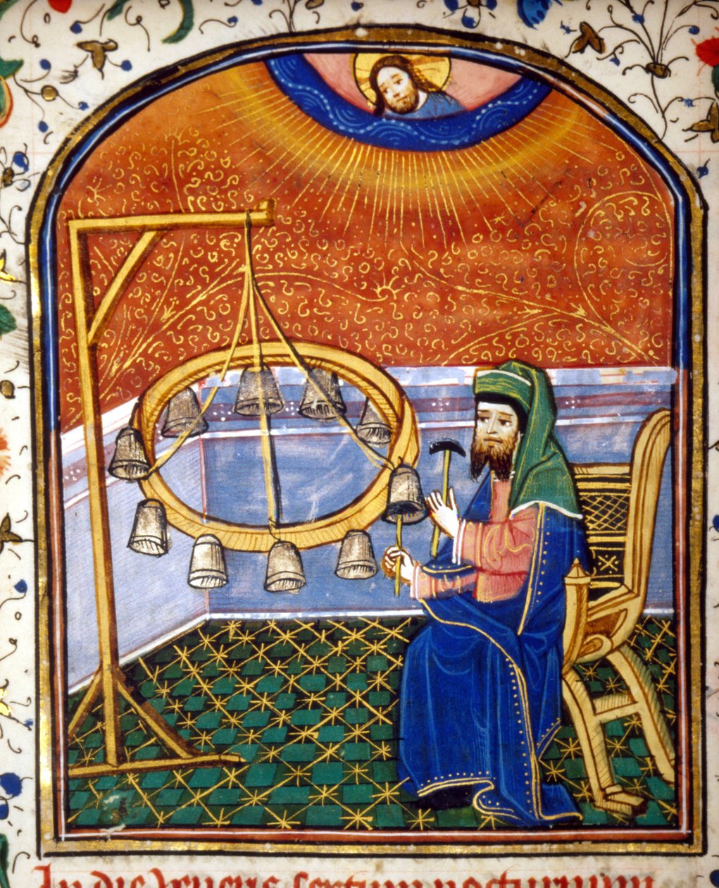 Portrett av Pythagoras (ca. 570 - rundt 480 f.Kr.), gresk matematiker og filosof, som spiller et slaginstrument (klokker), miniatyr fra 1400-tallet. av Unknown artist