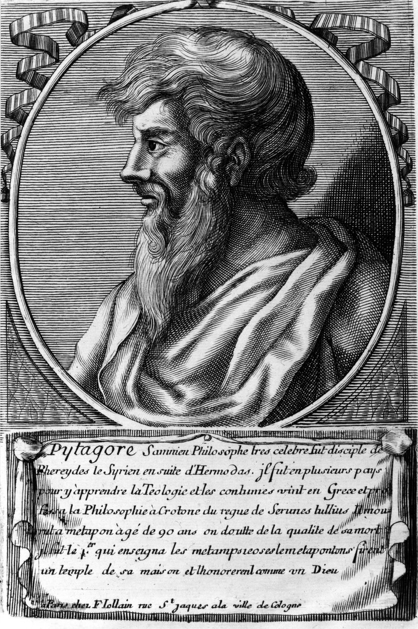 Portrett av Pythagoras (ca. 570 – rundt 480 f.Kr.), gresk matematiker og filosof. Gravering fra 1700-tallet av Unknown artist