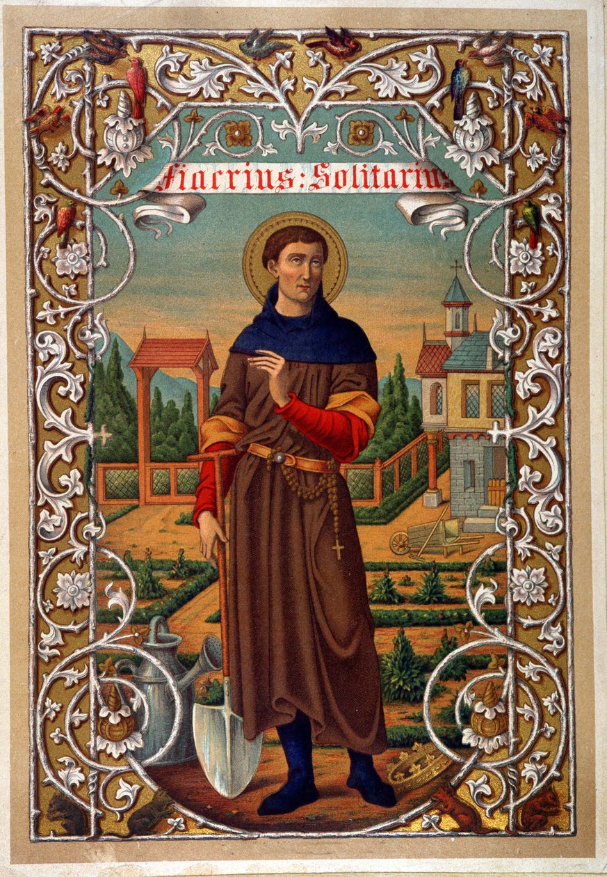 Portrett av Saint Fiacre (gardner, eremitage nær Meaux), bok a.n.d. 1800-tallet. av Unknown artist