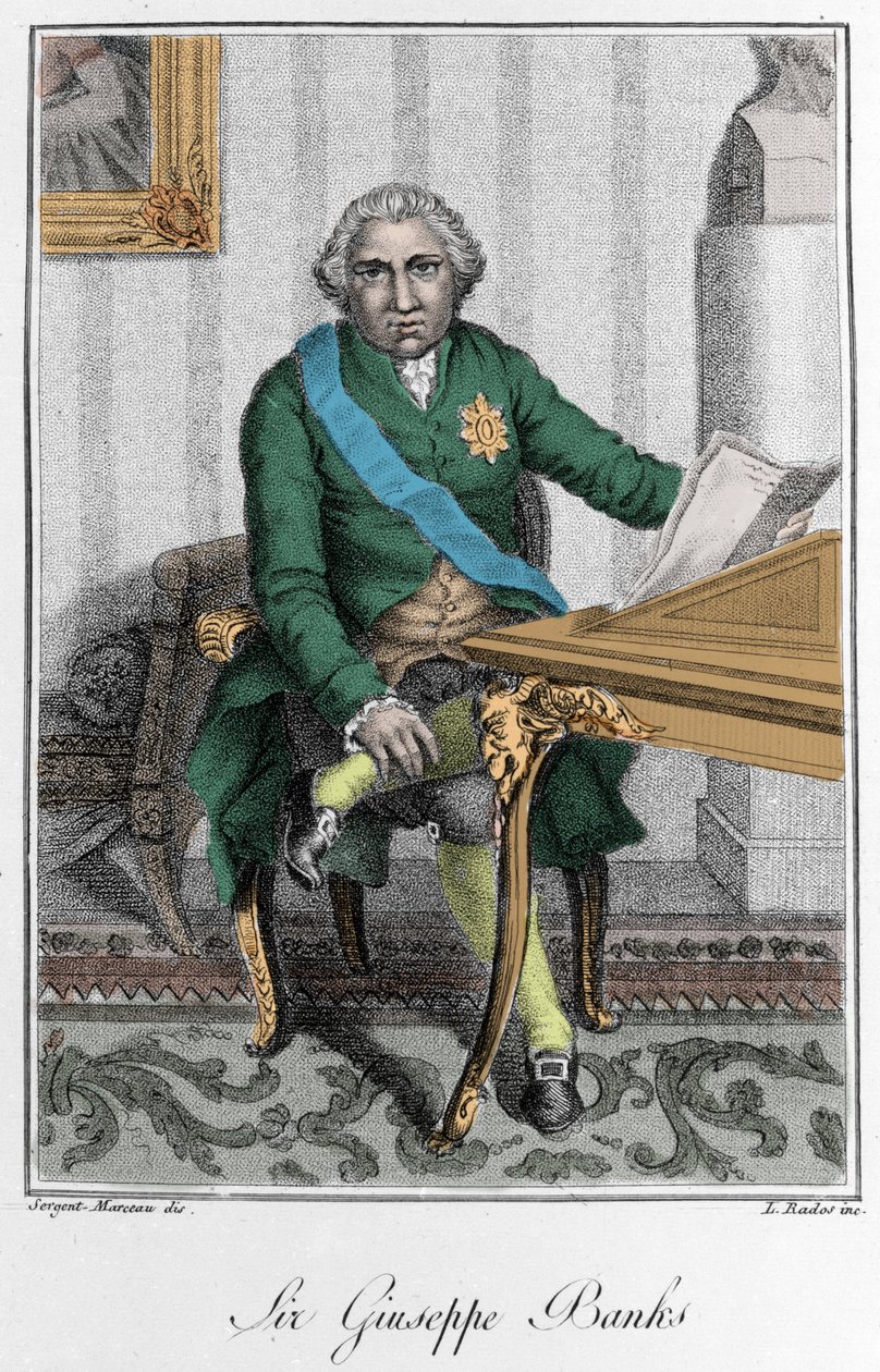 Portrett av Sir Joseph Banks (1743-1820), engelsk oppdagelsesreisende og naturforsker. Fargegravering av Unknown artist