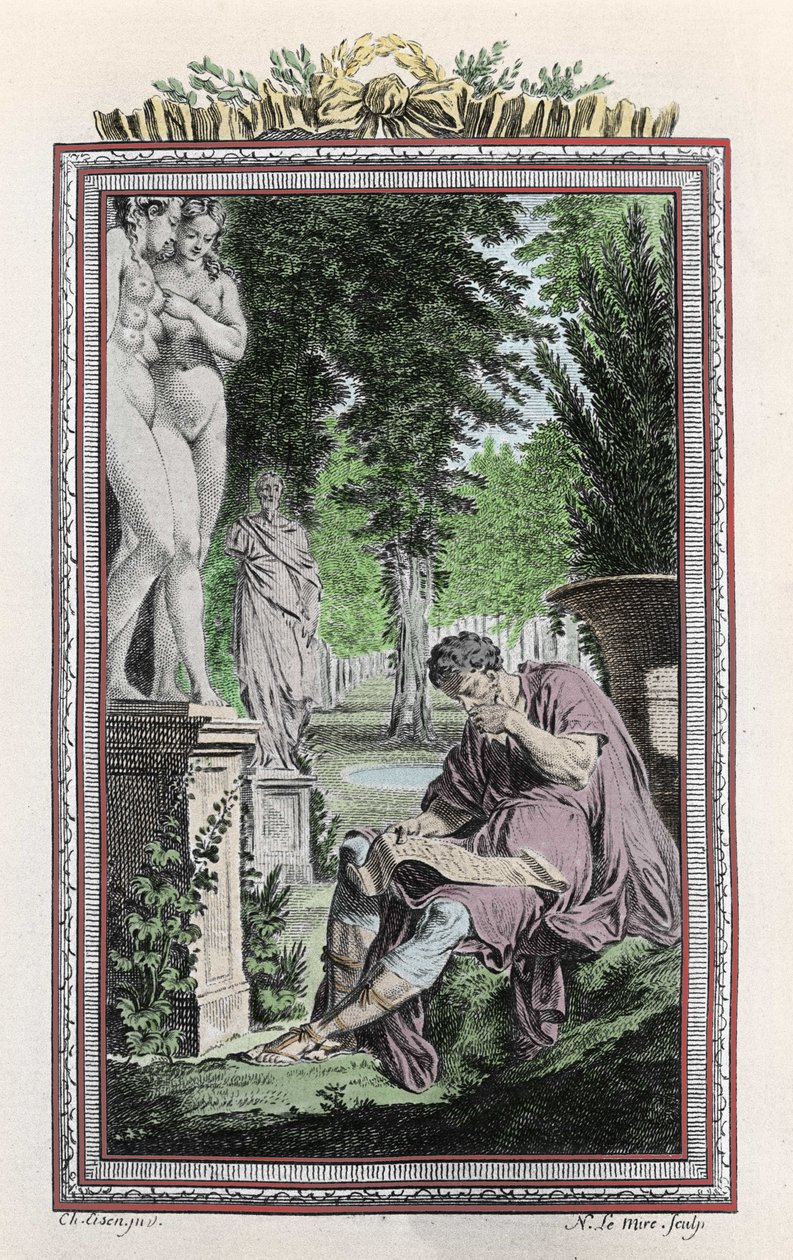 Portrett av Titus Lucretius Carus (Lucrece) romersk filosof og poet i "De rerum natura", gravering fra 1700-tallet. av Unknown artist