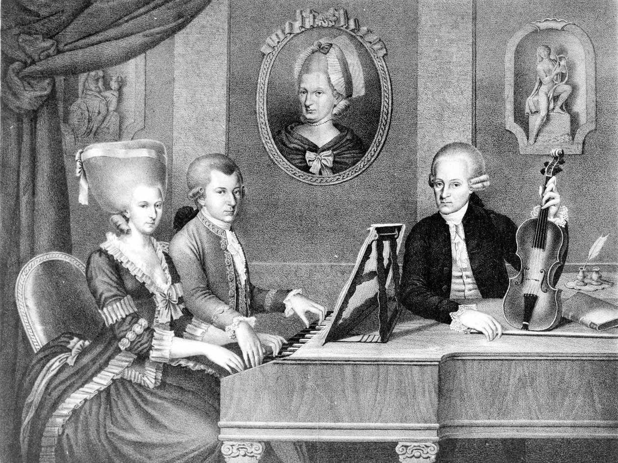 Portrett av Wolfang Amadeus Mozart (1756 - 1791) mellom sin far og mor. Litografi fra 1800-tallet. av Unknown artist