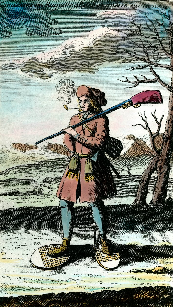 Portrett av en kanadier i truger på snøen som går til krig. 1700-talls gravering. Privat samling. av Unknown artist