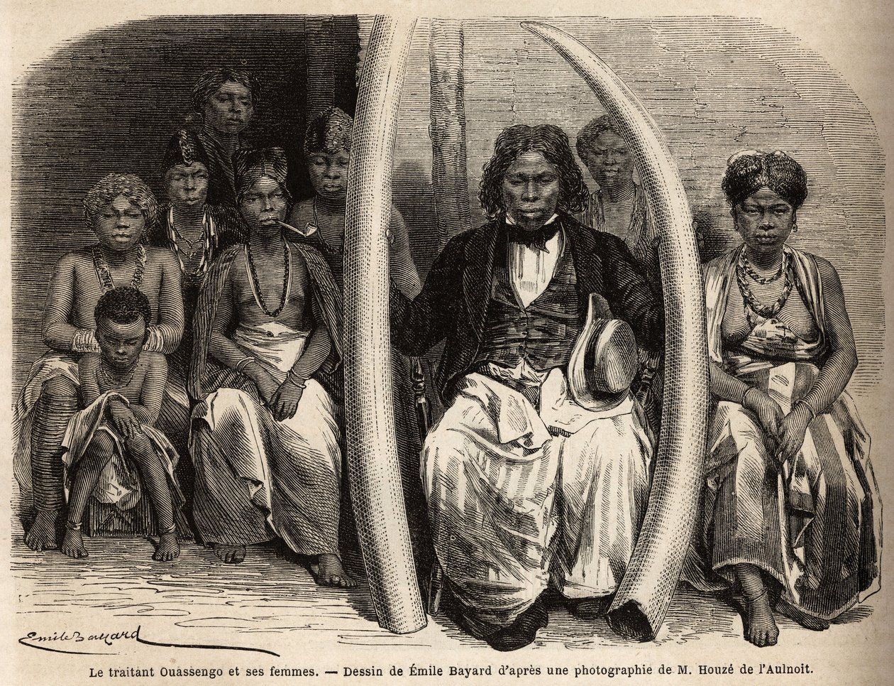 Portrett av en afrikansk elfenbensforhandler omgir konene hans. Tegning av Emile Bayard (1837-1891), for å illustrere reisen til Gabon, i 1861-64, til doktor Griffon du Bellay. Gravering i "" Le tour du monde"", redigert av Edouard Charton av Unknown artist