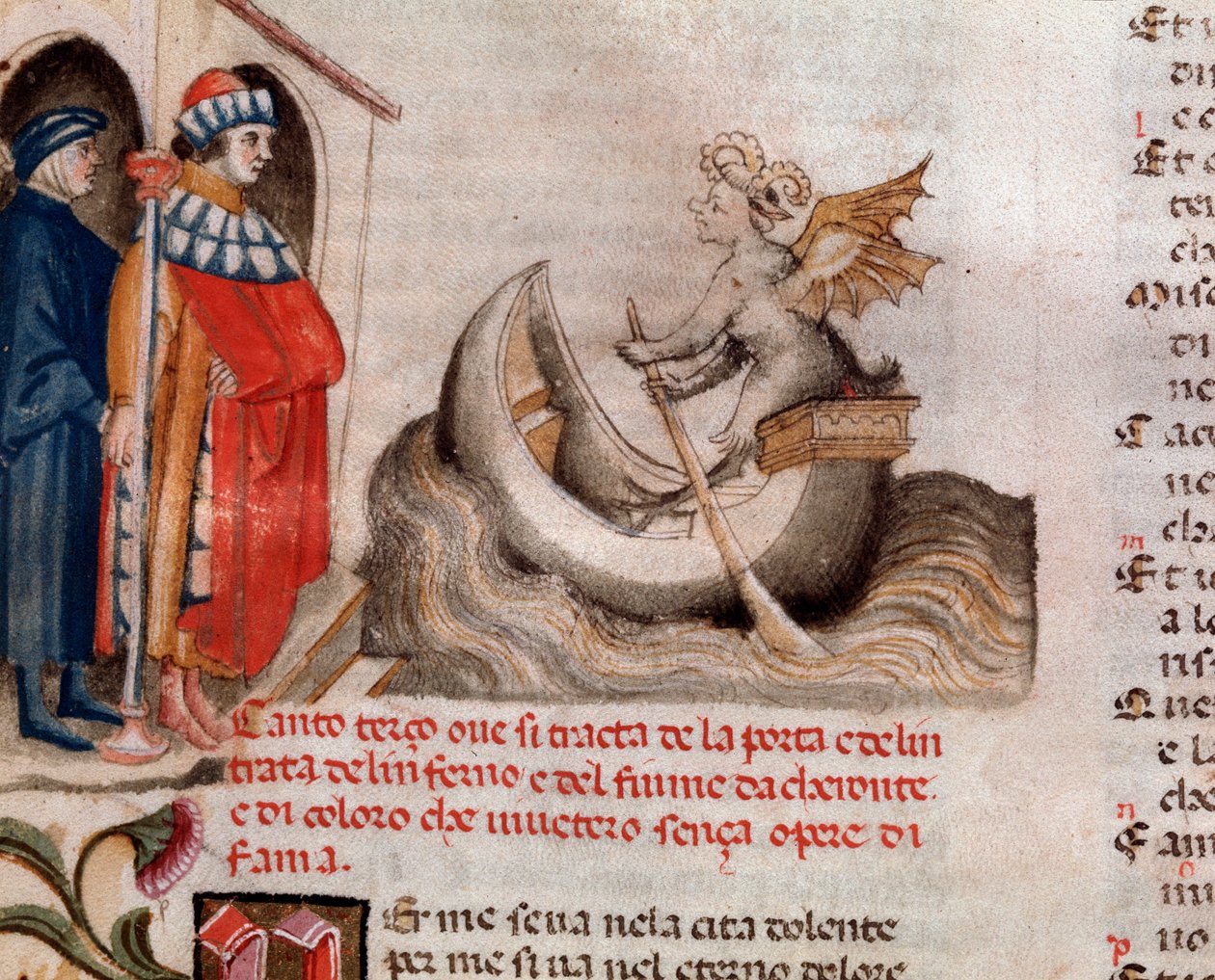 Portrett av den italienske poeten Dante Alighieri ser på Charon båten hans som krysser Acheron med sjelene (sang 3 fra helvete, i den guddommelige komedie) - miniatyr 1400-tallet av Unknown artist