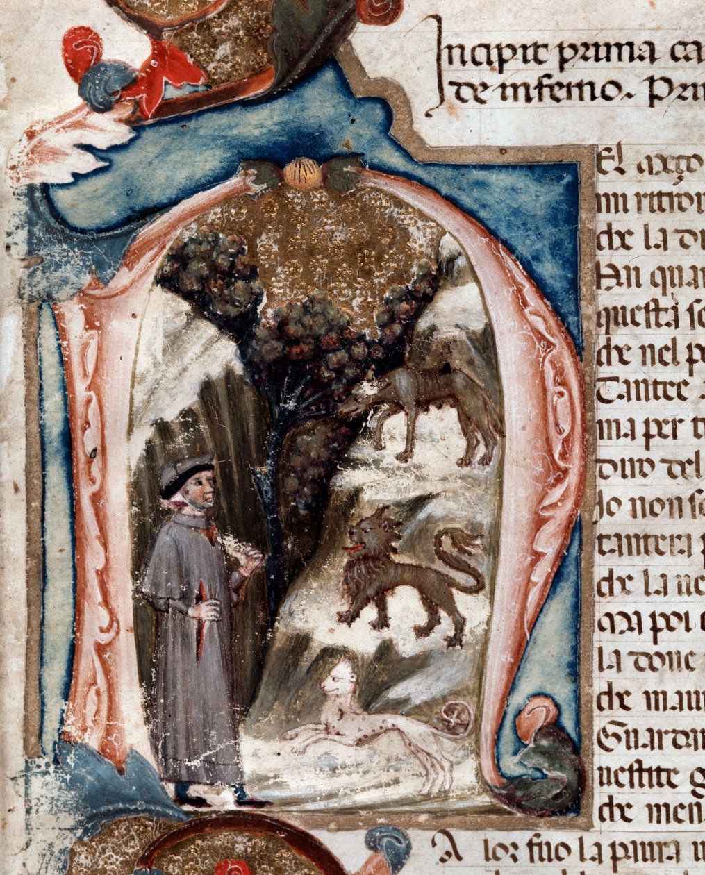 Portrett av den italienske poeten Dante Alighieri med beist - miniatyr av Unknown artist