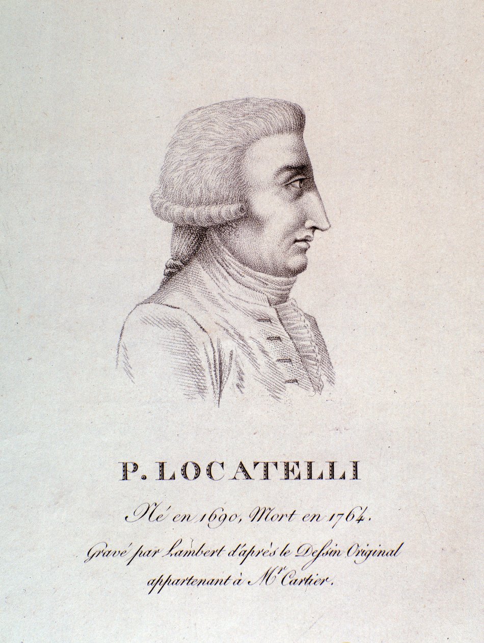 Portrett av den italienske fiolinisten og komponisten Pietro Locatelli (1695-1762) Gravering. 18. århundre. Bologna, borgermuseum for musikk av Unknown artist