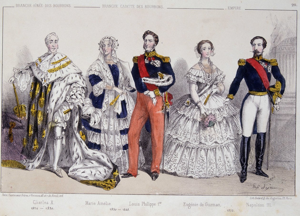 Portrett av Bourbonene. Fra venstre til høyre: Charles X (1757-1836), Marie Amelie (1782 - 1866), Louis Philippe I (1773-1850), Eugenie de Guzman (1826-1920) og Napoleon III (1808-1873). av Unknown artist