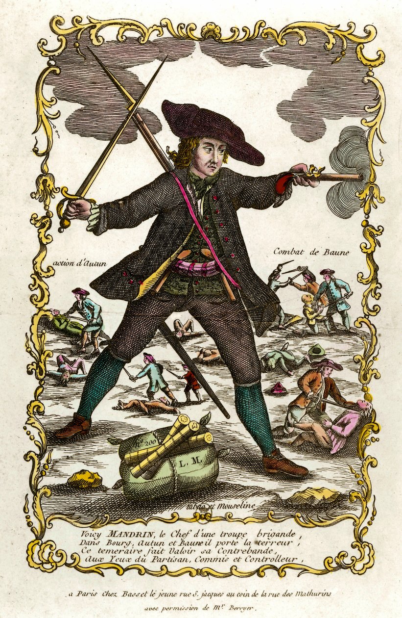 Portrett av den franske briganden Louis Mandrin (ca. 1725-1755). Bak ham, Autuns handling og Baunes kamp. Gravering fra 1700-tallet. Privat samling av Unknown artist