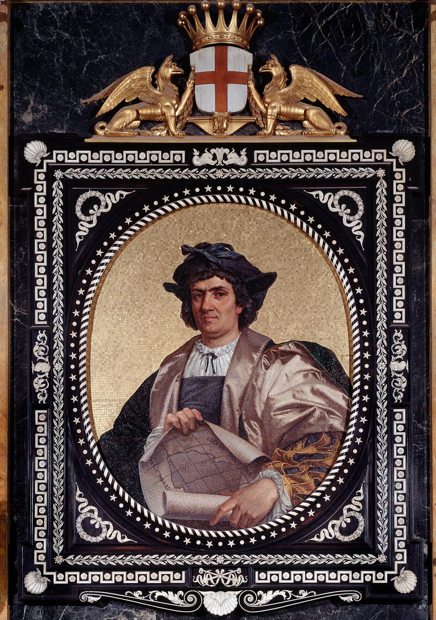 Portrett av den italienske navigatøren Christopher Columbus (Christopher Columbus, Cristoforo Colombo, Cristobal Colon) (1451-1506) Mosaique av Unknown artist