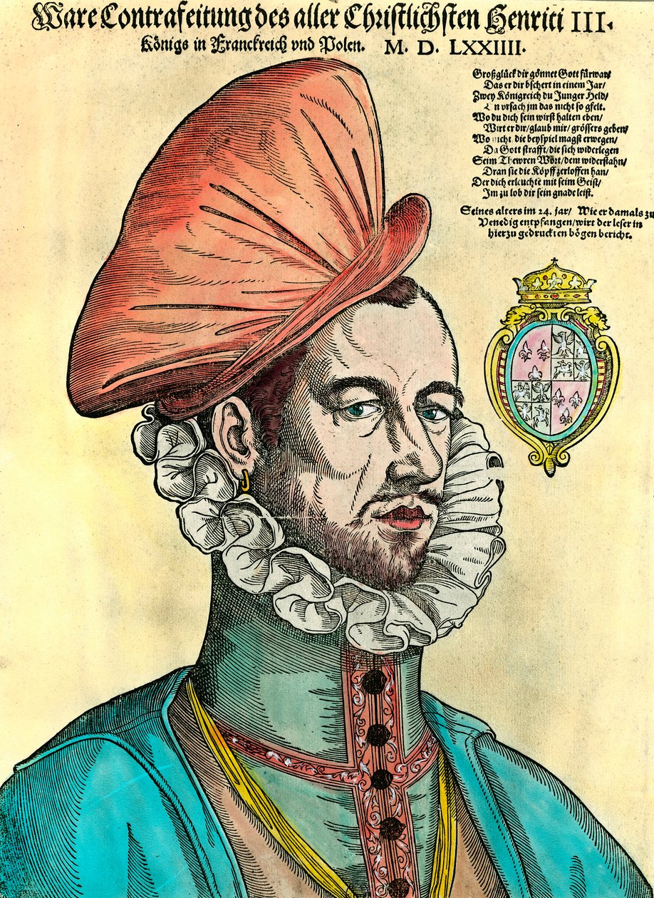 Portrett av kongen av Frankrike Henry III (1551 - 1589). 1500-talls gravering. av Unknown artist