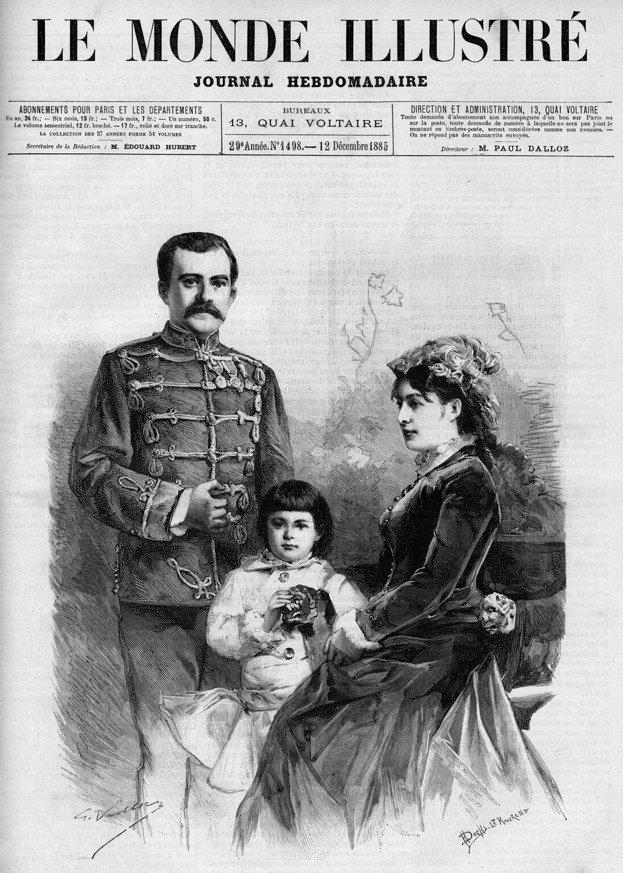 Portrett av kongen av Serbia Milan I (Milan Obrenovich) (1854-1901), det er omgitt av dronning Nathalie og hennes arving til tronprins Alexander, i "The Illustrous World 1885"". av Unknown artist