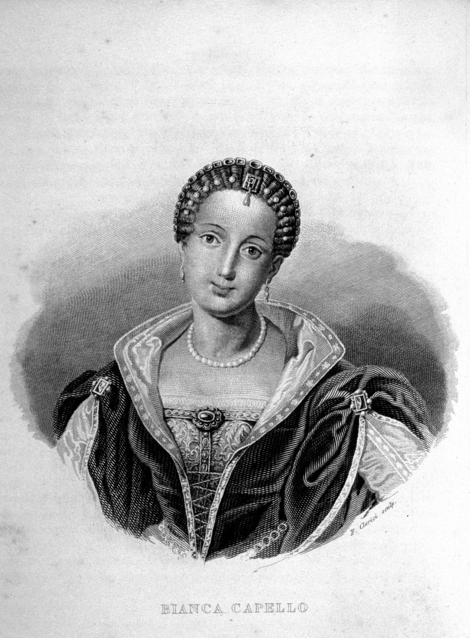 Portrett av den venetianske Bianca Cappello (1548 - 1587), kone til François de Medici. Gravering av 1800-tallet. av Unknown artist