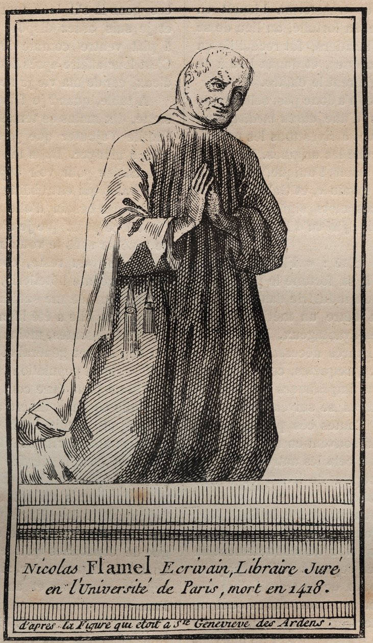 Portrett av den franske alkymisten Nicolas Flamel (1330-1418) - Gravering - Portrett av den engelske alkymisten Nicolas Flamel - Gravering Privat samling av Unknown artist