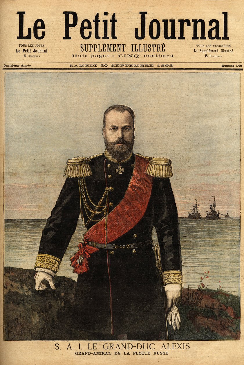 Portrett av den store admiralen til den russiske flåten, alliert med Frankrike, storhertug Alexandrovich Romanov (1850-1908), sønn av tsar Alexander II (1818-1881). Gravering i "" Le petit journal"" 30.09.1893. Selvas samling. av Unknown artist