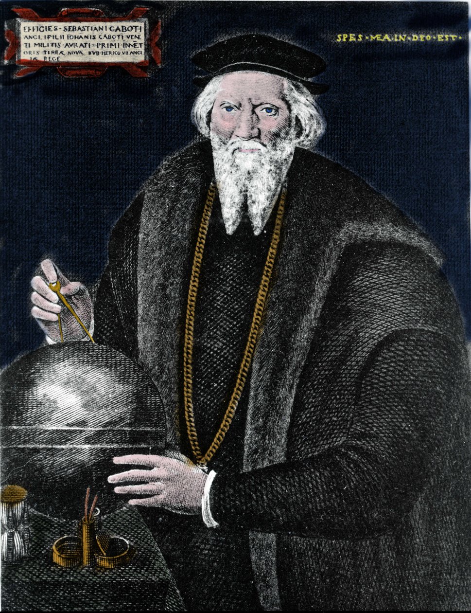 Portrett av navigatøren Sebastiano Caboto (Sebastien Cabot) (1476 - 1557), som sammen med sin far oppdaget Labrador og Newfoundland. Gravering. av Unknown artist