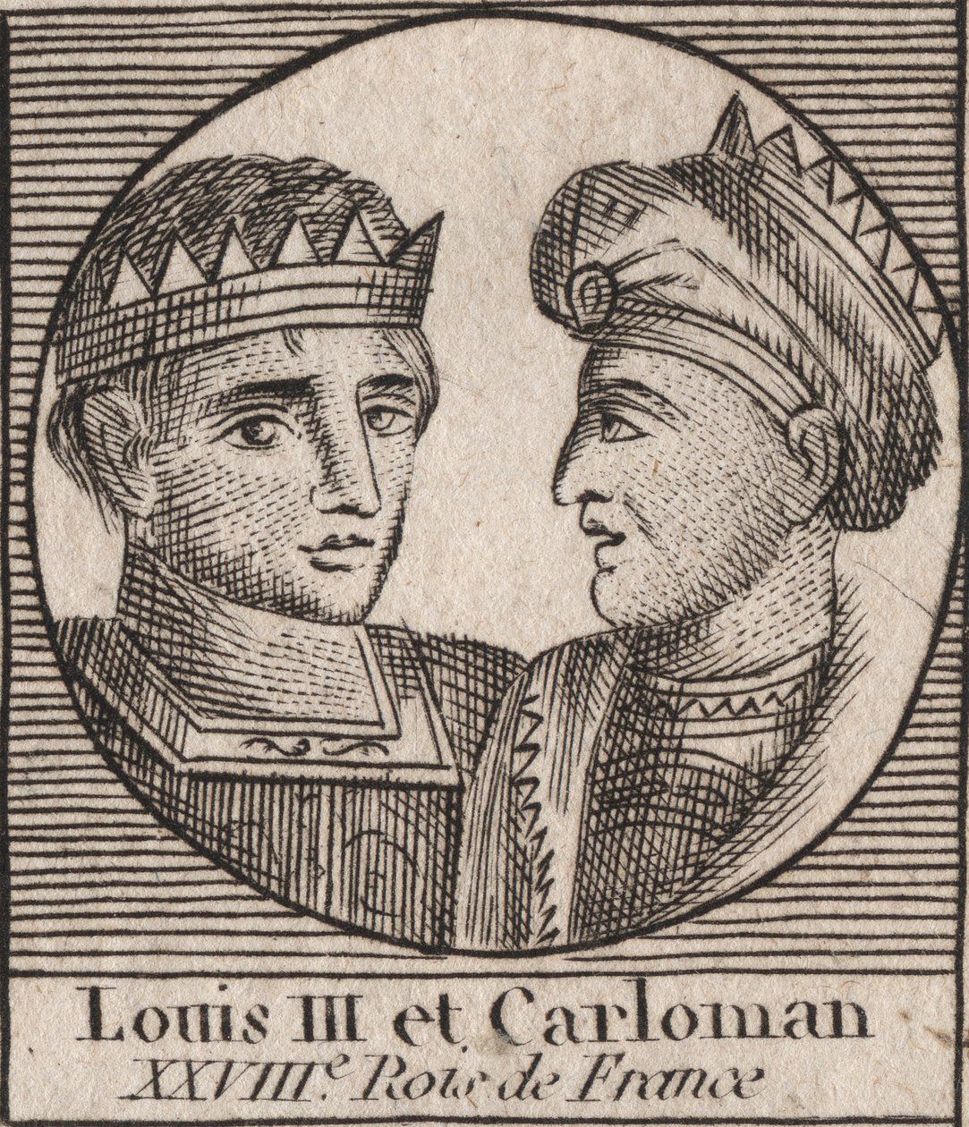 Portretter av Ludvig III (863/65-882) Francenes konge mellom 879 og 882 og Carloman II (866–884), Francenes konge fra 879 til 884 - Ludvig II, kongen av Vest-Francia og Carloman II, kongen av Vest-Frankrike Francia - gravering fra "Instruction sur l