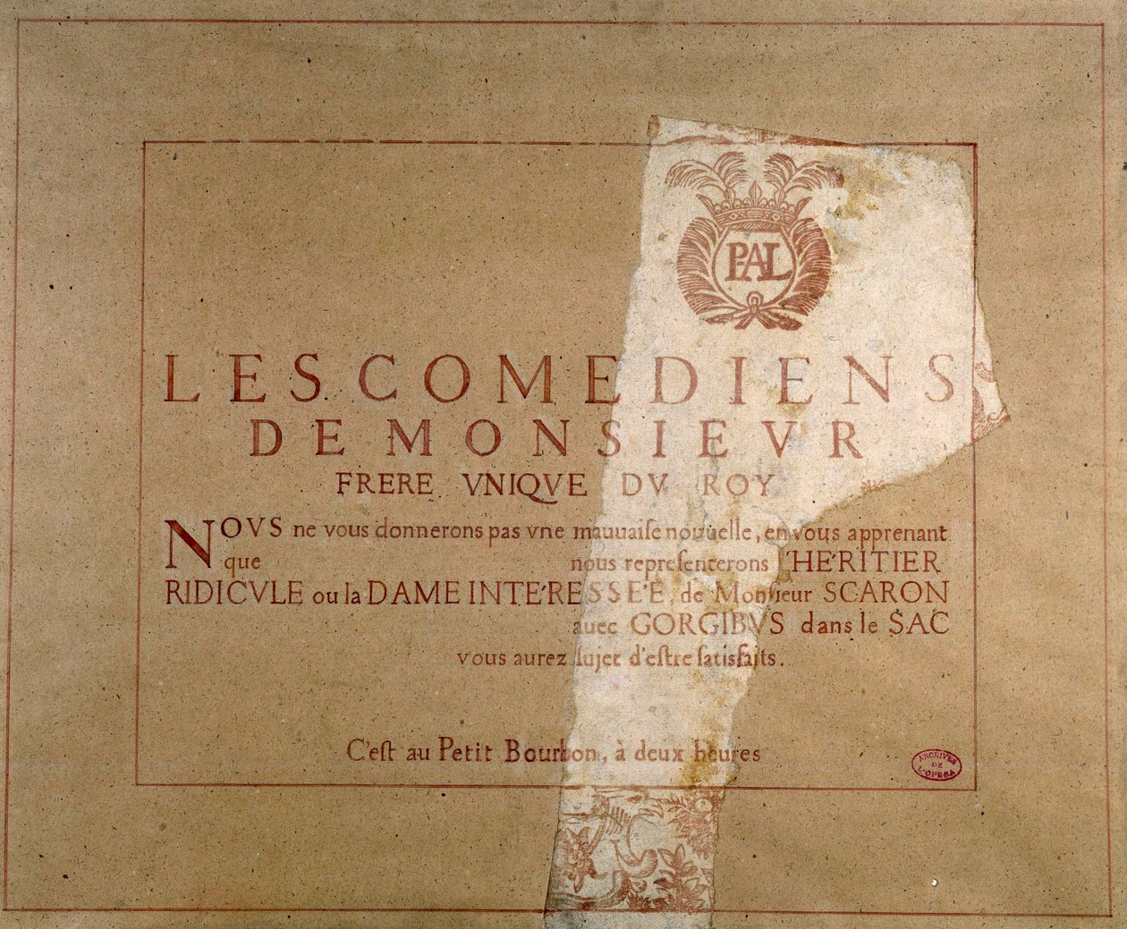 Plakat av teaterkompaniet «Les comediens de Monsieur» som kunngjør fremføringen av Paul Scarrons «L'heritier ridicule» (eller «La dame interessee») på PetitBourbon i Paris, ca. 1659-1660. Paris. Bibliotek Museum De l'Opera av Unknown artist
