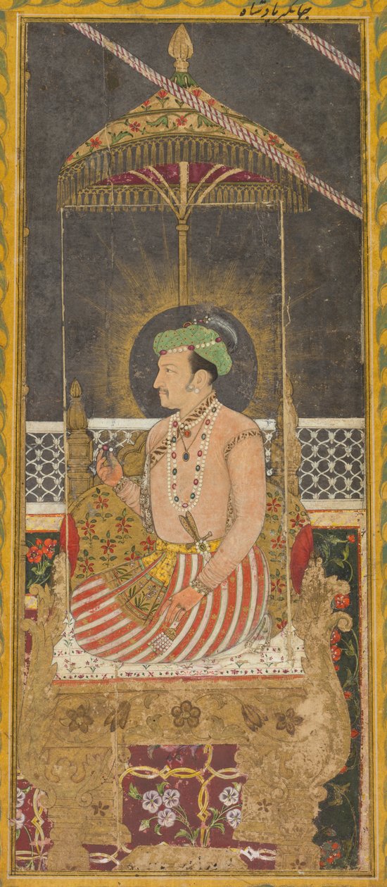 Posthumt portrett av keiser Jahangir under en baldakin (recto) av Unknown artist