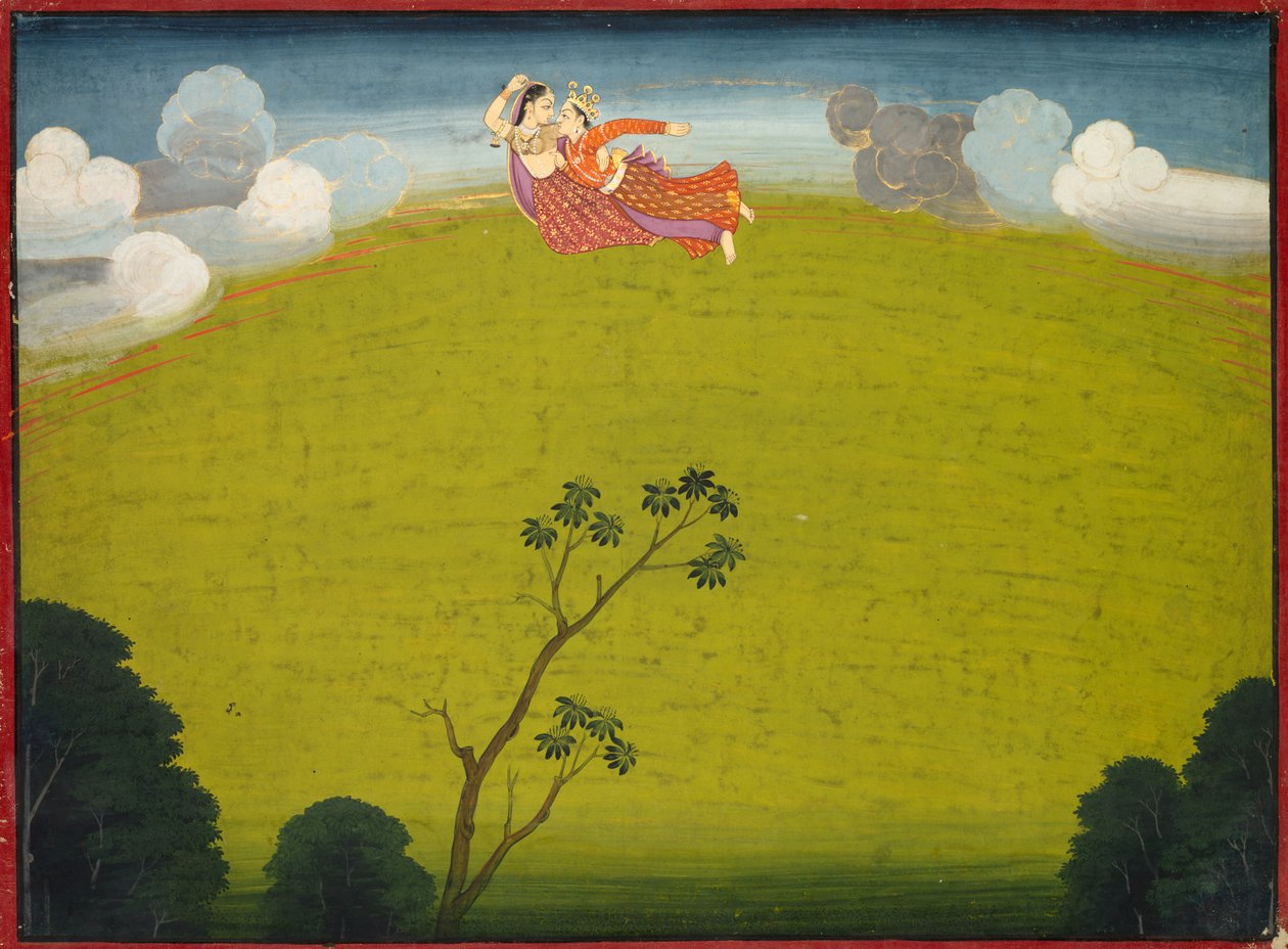 Pradyumna og Mayavati Fly til Dwarka, fra Large Basohli Bhagavata Purana av Unknown artist
