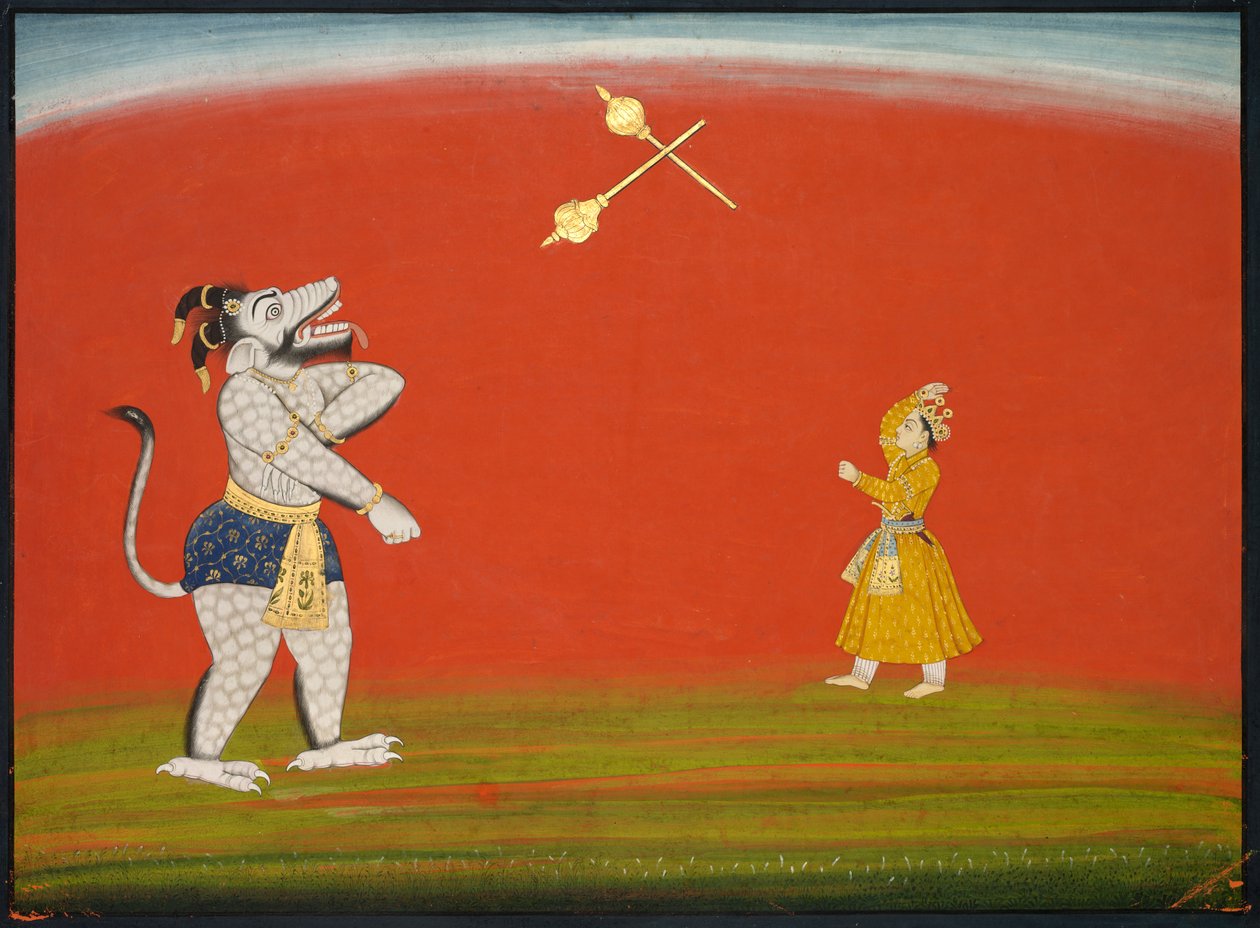 Pradyumna og Samvara slåss med Max: Leaf fra "Large Basohli Bhagavata Purana" av Unknown artist