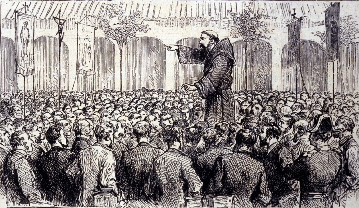 Predikasjon av en kapusinermunk til pelerinene som kom til Lourdes i de høye Pyreneene hvor jomfruen viste seg for Bernadette Soubirous (1844-1879) i 1858, nåværende pilegrimssted. Gravering fra 1877 av Unknown artist