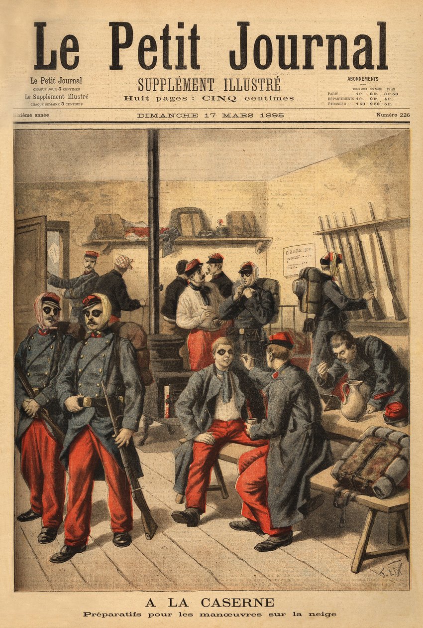 Forbereder seg på manøvrer på snøen, i stedet for å bruke briller med røykbriller, er soldatene omgitt av svart sot. Gravering i "" Le petit journal"" 17/03/1895. Selvas samling. av Unknown artist