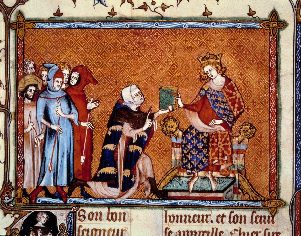 Presentasjon av boken: Jean de Joinville (1224-1317) tilbyr sin bok til Ludvig, konge av Navarra, fremtidige Ludvig X, hutinen. Miniatyr i "" Vie de Saint Louis"" av Unknown artist