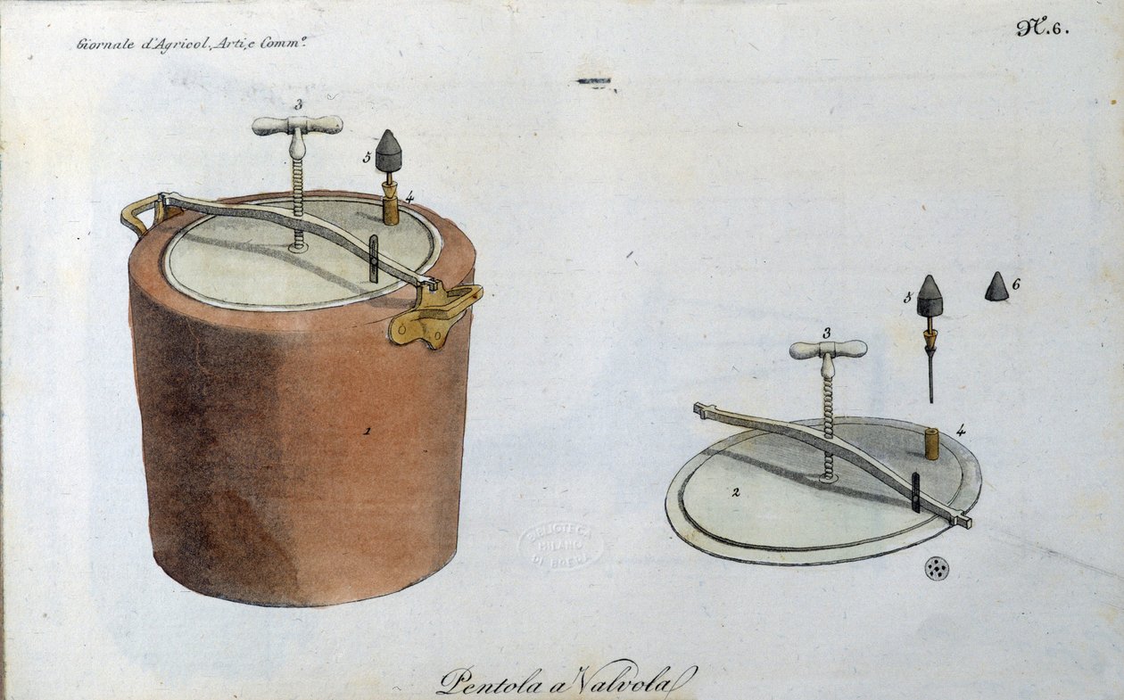 Trykkkoker (trykkkoker eller hurtigkoker). Plate hentet fra "" Journal of agriculture, arts and techniques "" (Revue d'agriculture, arts et techniques). 1823. av Unknown artist