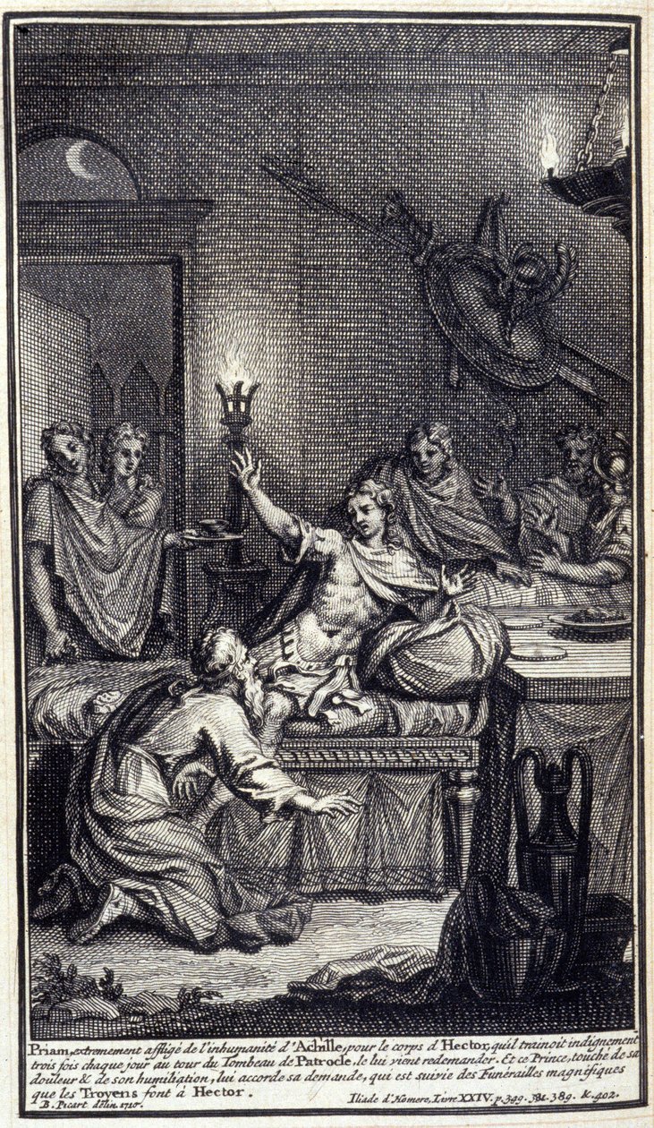 Priam, ekstremt plaget av Achilles umenneskelighet, for Hectors kropp, som han dro tre ganger hver dag rundt Patrokles grav, kommer for å spørre ham igjen. Og denne prinsen, berørt av sin smerte og ydmykelse, innvilger ham hans anmodning, som av Unknown artist