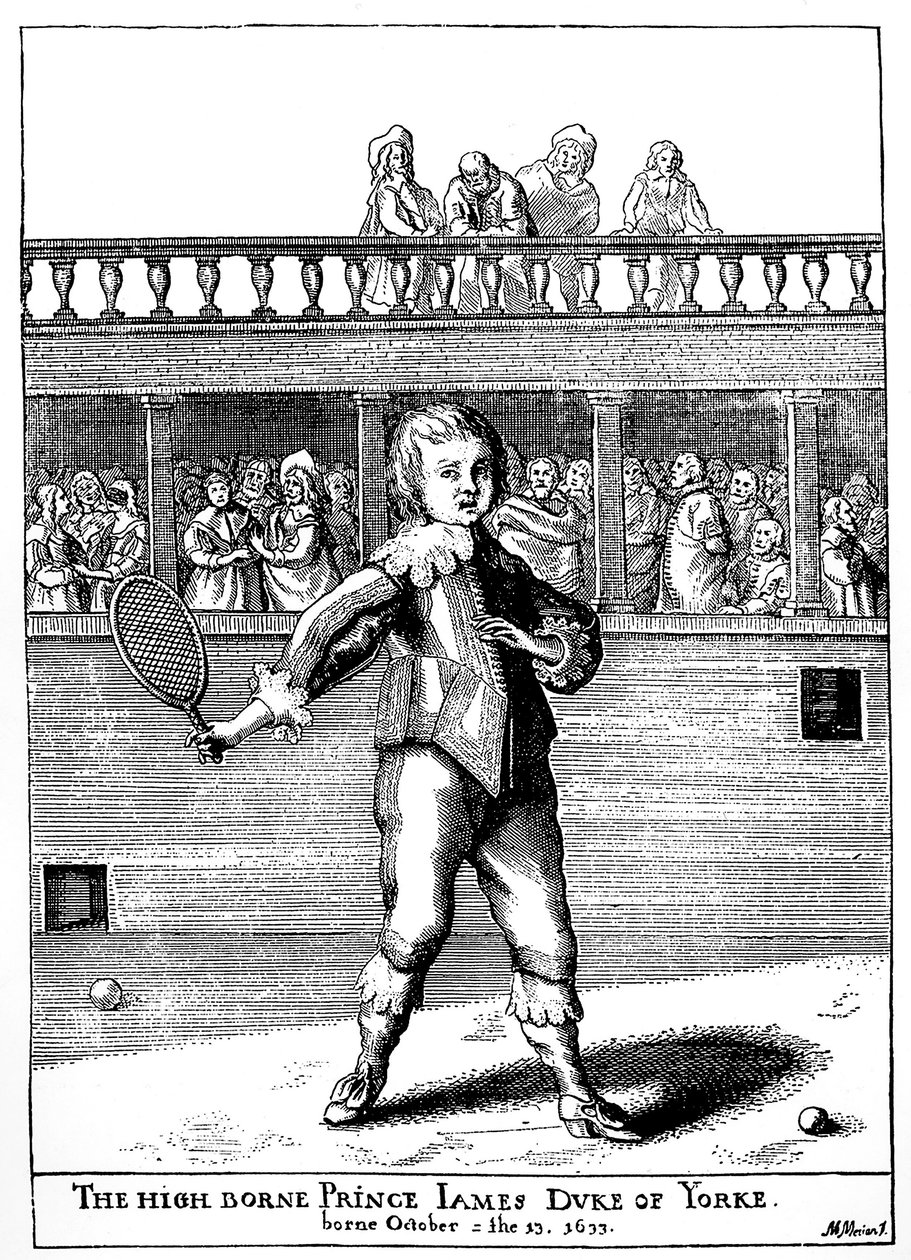 Prins James, hertug av York (1633-1701) som spilte palmespill, kom senere tilbake som James II av England (James II Stuart) - i "" sportene og tidsfordrivene til folket i England"" av Joseph Strutt, ed 1801 av Unknown artist
