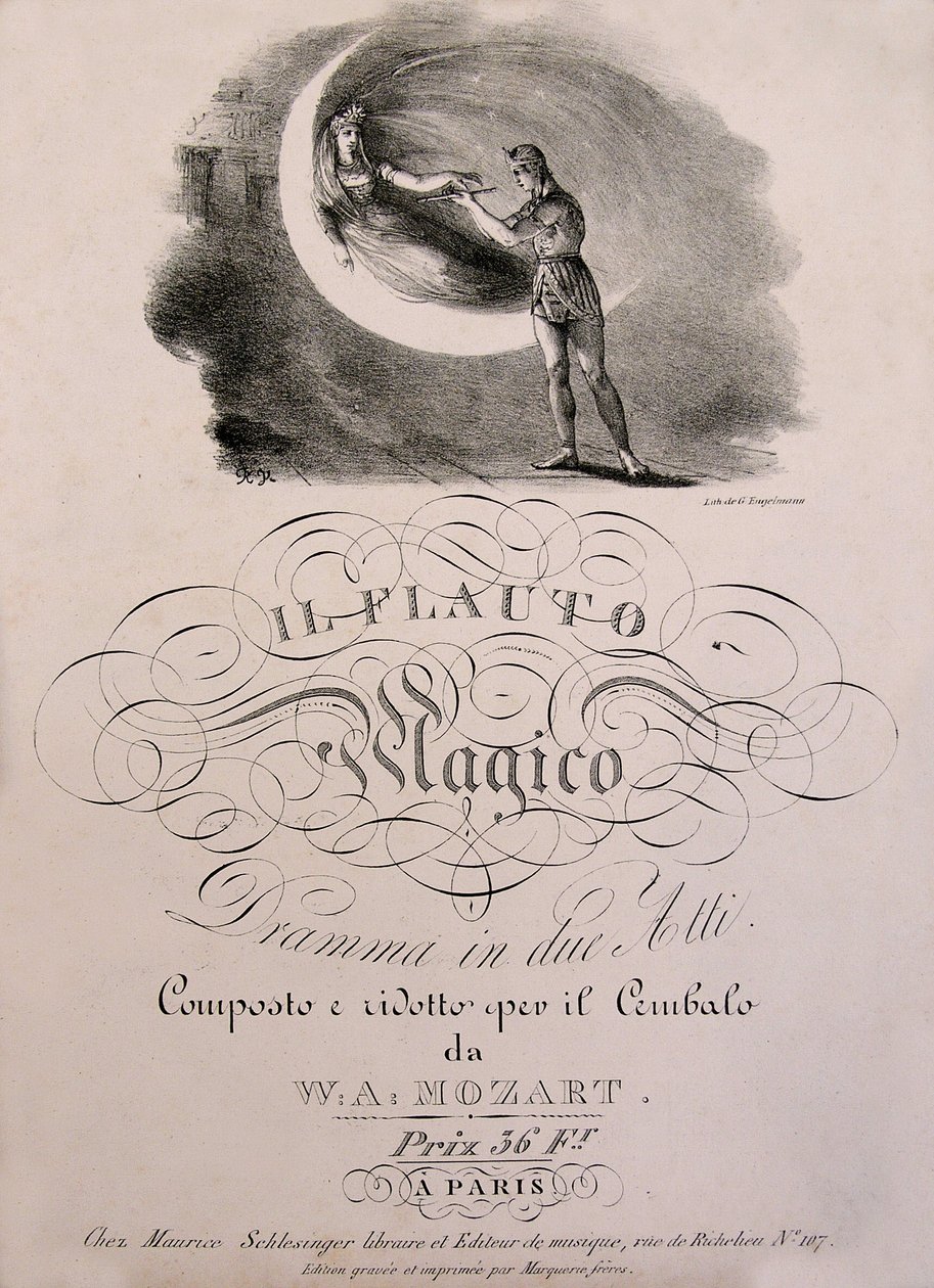Prins Tamino mottar den fortryllede fløyten til Nattens Dronning, omslagsillustrasjon av skilleboken til "" Den fortryllede fløyten"" (Die Zauberflote) (1791) av W.A. Mozart (1756-1792). Leonard de Selva-samlingen. av Unknown artist