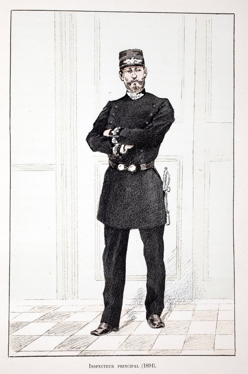 Hovedinspektør (1894). Etsning i farger, for illustrasjon "" History of the corps of peacekeepers""" bok utgitt i regi av Louis Lepine (1846-1933), prefekt for politiet på Seinen, av Alfred Rey (1864-?) og Louis Feron (1862) -?) av Unknown artist