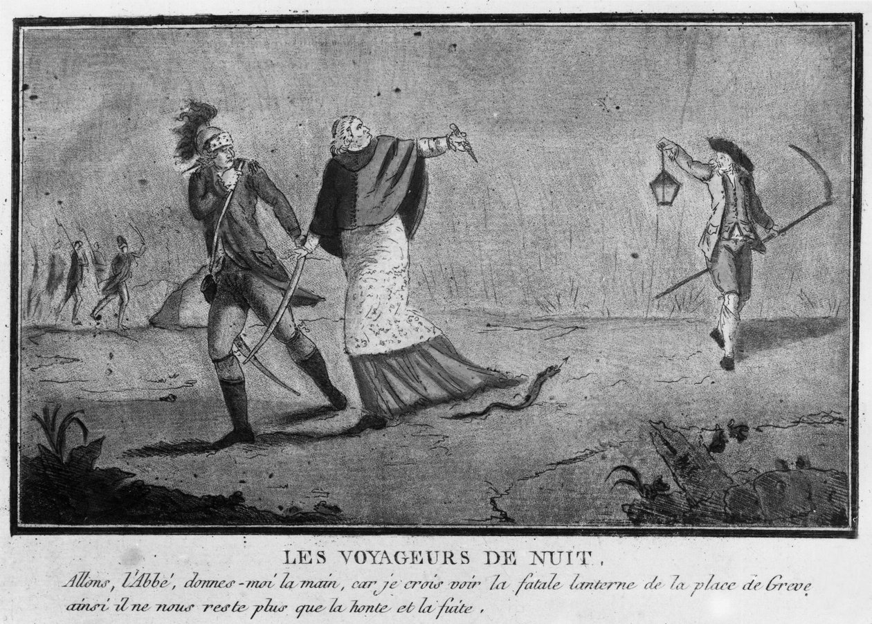 Privilegier: Nattereisende, en abbe og en adelsmann på flukt om natten - 1790, Musee Carnavalet. av Unknown artist