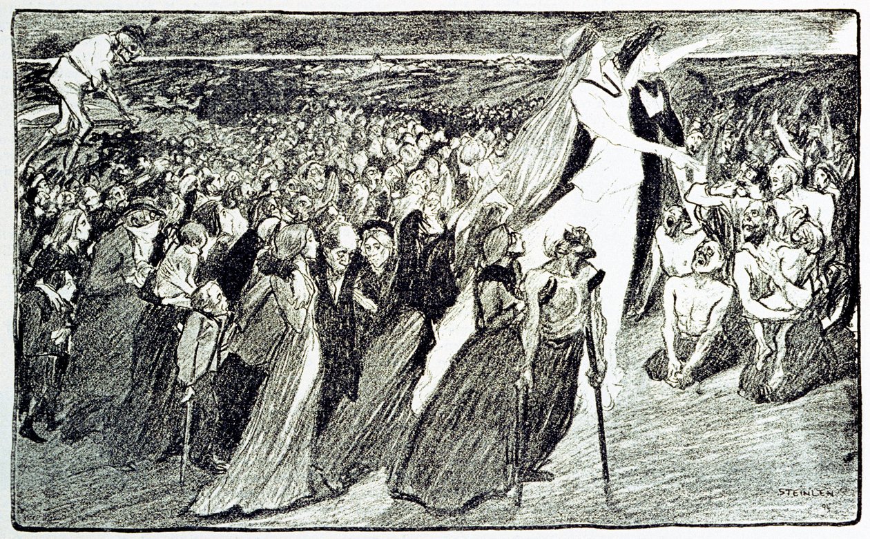 Prosesjon under pilegrimsferden i Lourdes, allegori av Theophile Alexandre Steinlen (1859 - 1923) som illustrerer "Lourdes" av Emile Zola (1840-1902) hentet fra "Gil Blas illustrious"" av Unknown artist