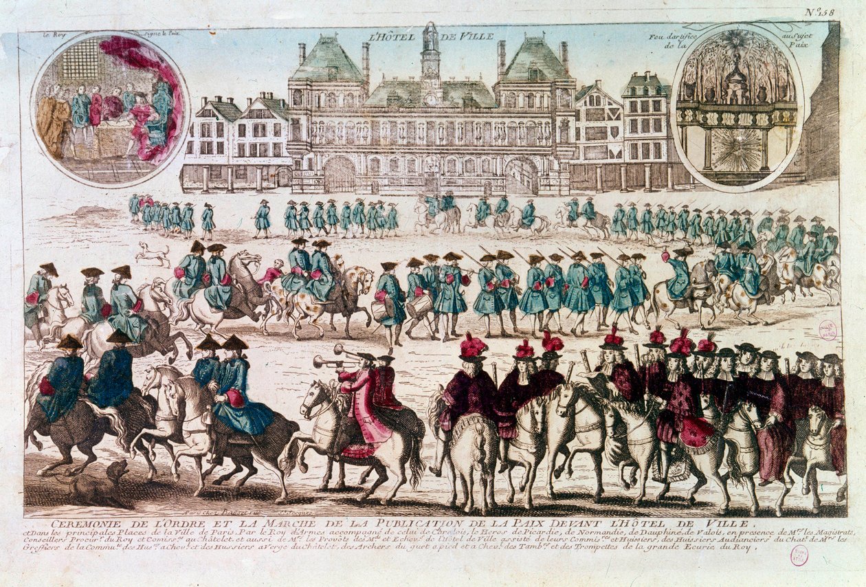 Prosesjon i anledning fredspubliseringsseremonien foran Rådhuset (Place de Greve). Gravering av det 18. århundre B.N. Paris av Unknown artist