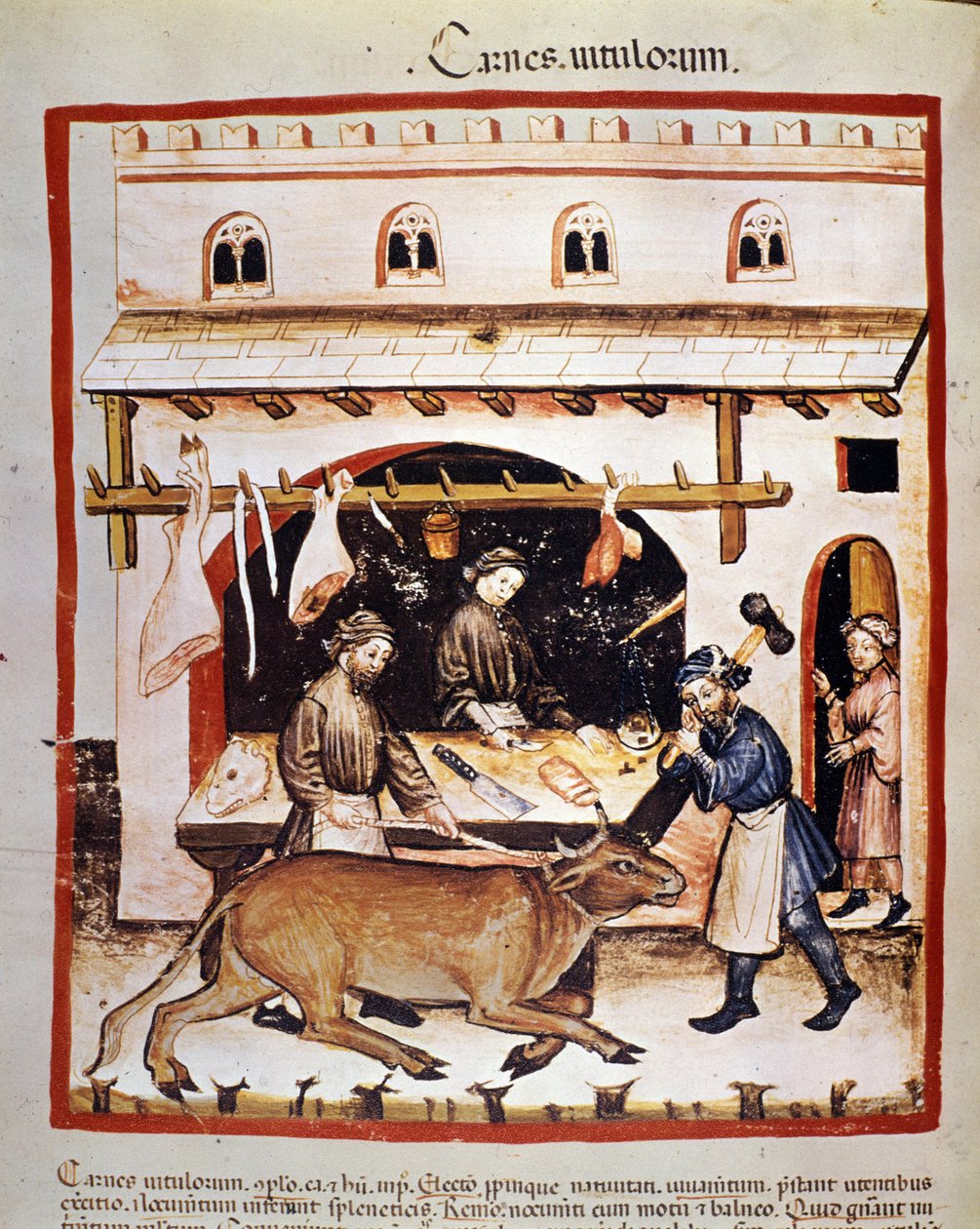 Produksjon og salg (slakter) av biff: en biff er bedøvet. Belysning fra melking av medisin og diett "" Tacuinum sanitatis"" av Unknown artist