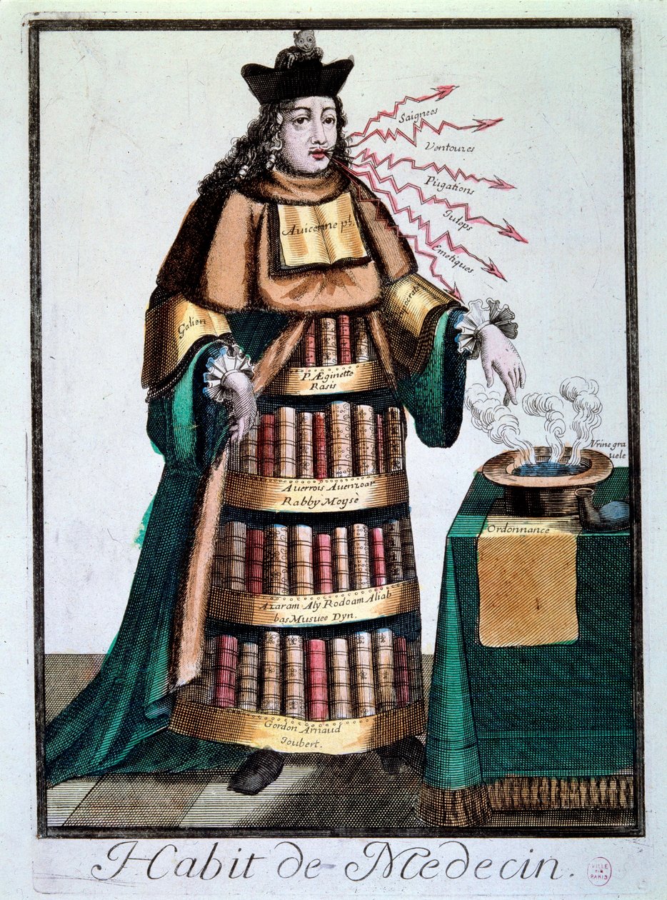 Yrke: "" doktorens kjole"" En mann som har på seg bøkene til Galien, Avicenna (Avicenna) som betegner et basseng som inneholder en væske, en resept og siterer behandlinger. Gravering av Paris fra 1700-tallet, Musee Carnavalet av Unknown artist