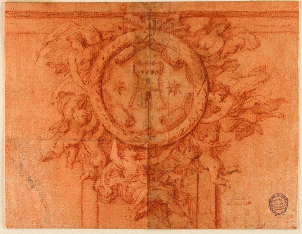 Prosjekt for en veggdekorasjon (kvinnefigurer og putti støtter en sirkulær medaljong med våpenskjold) av Unknown artist