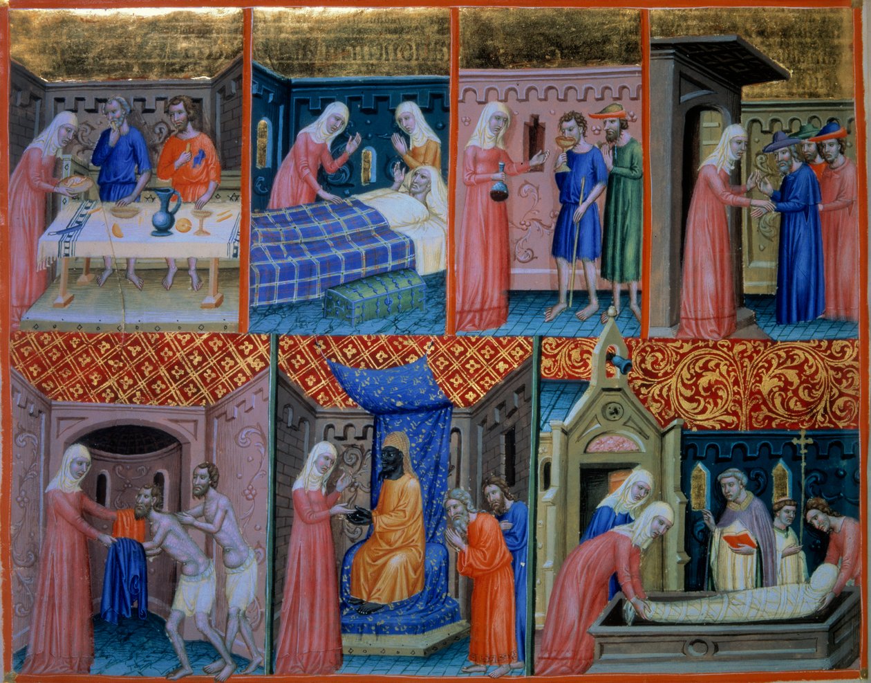 Salme 88: Nestekjærlighet. Kvinne som serverer to fattige ved bordet, besøker en syk person, drikker to fanger, tar imot reisende, gir klær, kjøper fanger og begraver en død mann. Miniatyr i "" Psalter of Canterbury"" (f.156v), v.1200-1 av Unknown artist