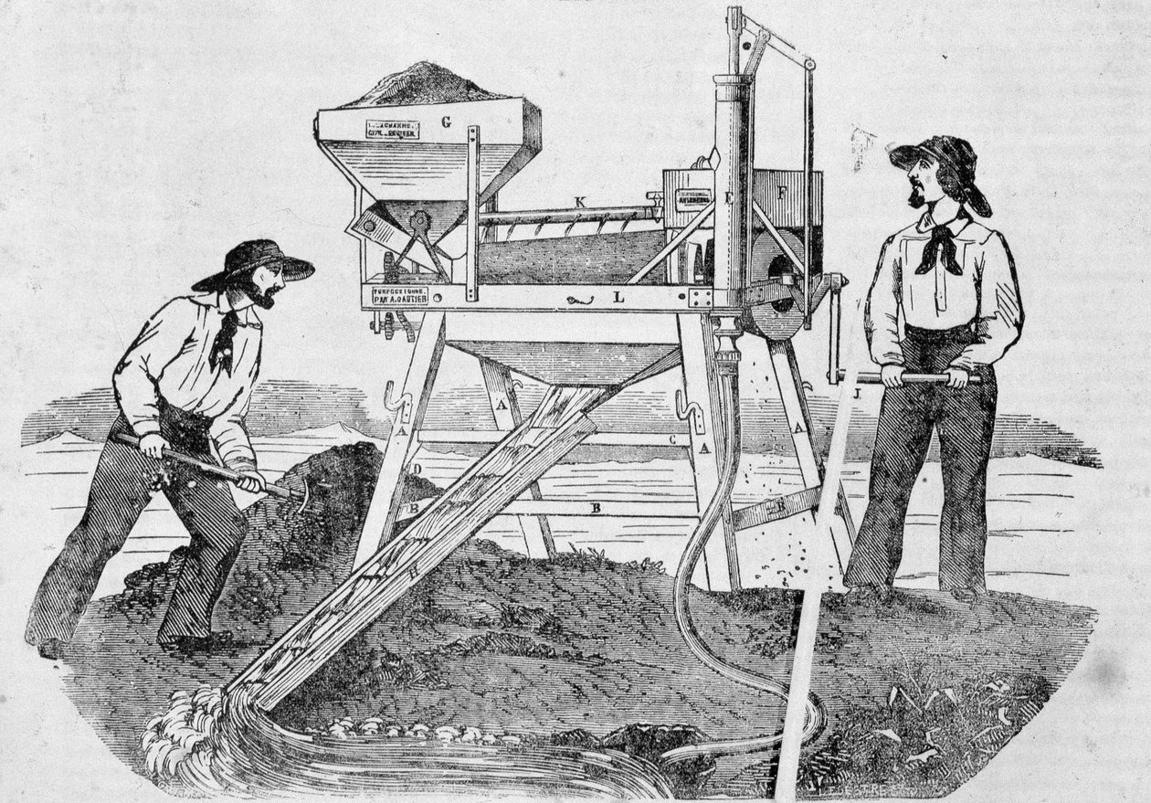 Pub "The Fortune, Company of the Gold Mines of California"": bilde som viser to gullgravere som arbeider i vaskemaskiner og blander gull - i "" the Charivari"" av 25. juni av Unknown artist