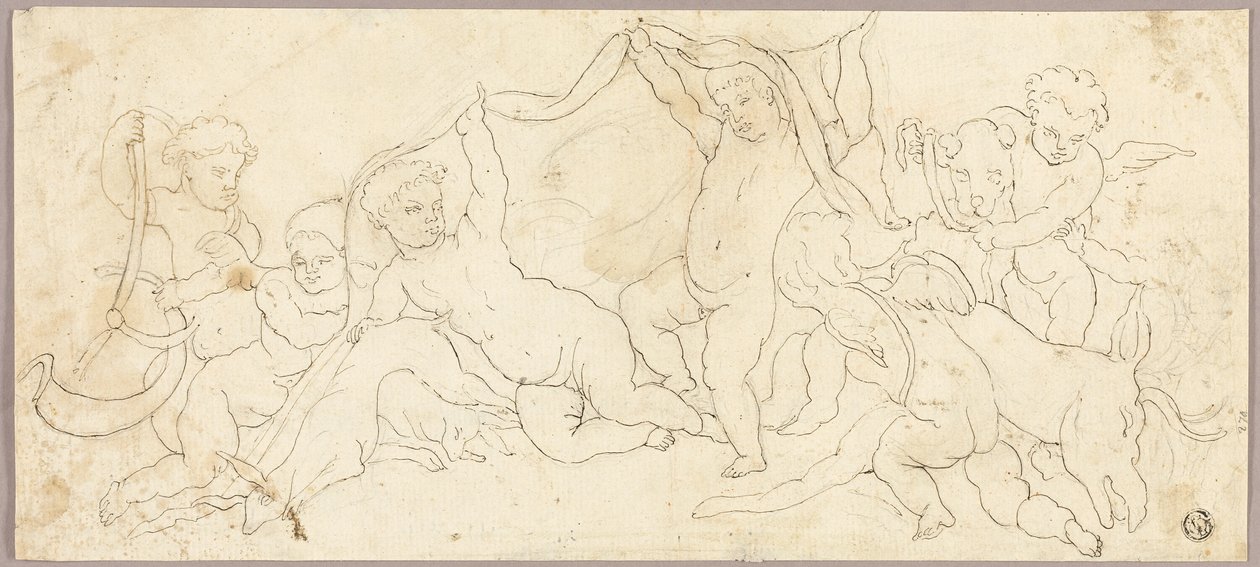 Putti i lek med hjort og hund av Unknown artist