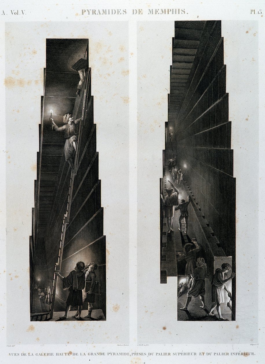 Pyramids of Memphis: utsikt over det øvre galleriet til den store pyramiden, tatt fra øvre og nedre lager - i "" Description of Egypt"", Imperial Editions av Unknown artist
